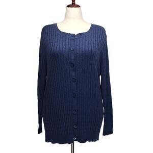 Laura Scott Navy Blue Cable Knit Cardigan Sweater Womens Plus 2X Tulip Neckline